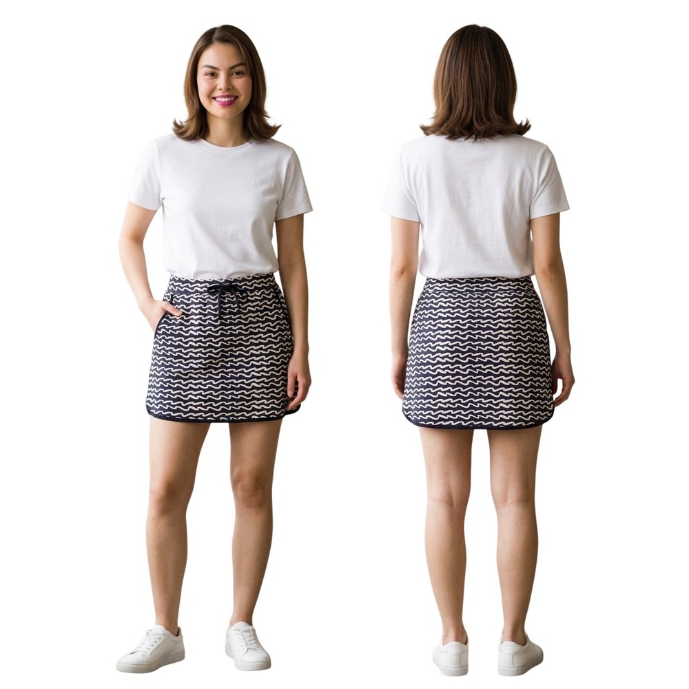 T by Talbots Navy White Wavy Print Active Skort Large Drawstring Pockets Preppy